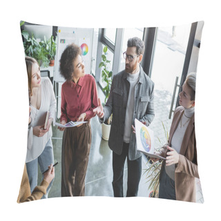 Personality  Man In Eyeglasses Talking To Multicultural Colleagues During Discussion In Advertising Agency Pillow Covers