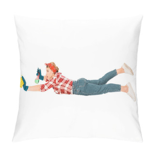 Personality  Floating Girl In Jeans And Plaid Shirt Cleaning With Rag And Spray  Pillow Covers