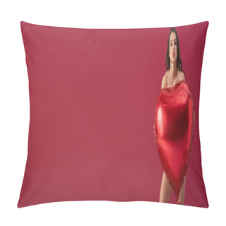 Personality  Panoramic Shot Of Sexy Girl Sending Air Kiss At Camera While Holding Large Heart-shaped Balloon Isolated On Red Pillow Covers