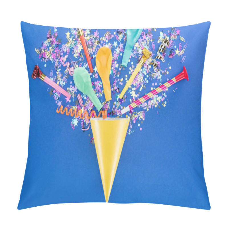 Personality  Top view of party hat on blue background, surprise concept  pillow covers