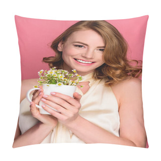Personality  Beautiful Young Woman Holding Cup With Chamomiles And Smiling At Camera Isolated On Pink Pillow Covers