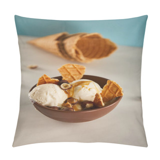 Personality  Bowl Of Delicious Ice Cream With Caramel, Hazelnuts And Pieces Of Waffle Pillow Covers