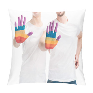 Personality  Cropped Image Of Smiling Gay Couple Showing Hands Painted In Colors Of Pride Flag Isolated On White, World Aids Day Concept Pillow Covers