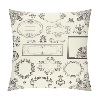 Personality  Vintage Labels And Border Elements With Ornate Elegant Retro Abstract Floral Design, Dark Gray Flowers And Leaves On Light Gray Background. Vector Illustration Pillow Covers