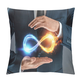 Personality  Businessman Showing Infinity Sign, Fire Ice Sign On Gray Background. Pillow Covers
