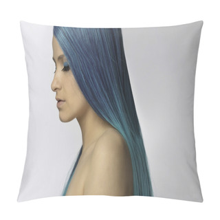 Personality  Young Beautiful Woman With Blue Hair Pillow Covers