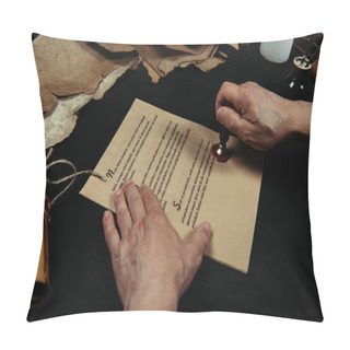 Personality  Partial View Of Priest Stamping Medieval Manuscript With Wax Seal Pillow Covers