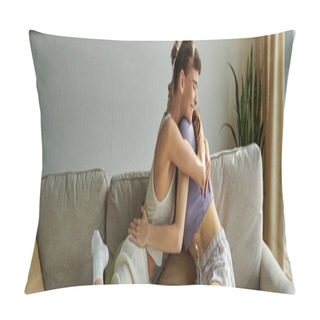 Personality  Two Women In Cozy Attire Sitting On A Couch, Embracing In A Loving Hug. Pillow Covers