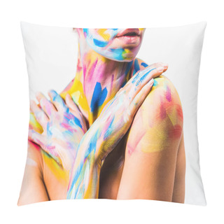 Personality  Cropped Image Of Girl With Colorful Bright Body Art Touching Shoulders Isolated On White  Pillow Covers