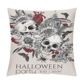 Personality   Vector Template For Halloween Invitation. Skull, Heart, Mushrooms, Butterflies, Candles, Flowers, Spiders In Engraving Style Pillow Covers