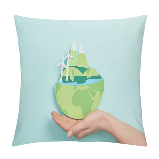 Personality  Top View Of Woman Holding Paper Cut Planet With Renewable Energy Sources On Turquoise Background, Earth Day Concept Pillow Covers