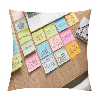 Personality  High Angle View Of Paper Stickers With Business Strategy And Laptop On Tabletop Pillow Covers