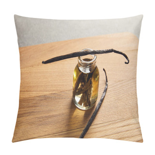 Personality  Vanilla Pods With Glass Bottle Of Essential Oil On Wooden Cutting Board Pillow Covers