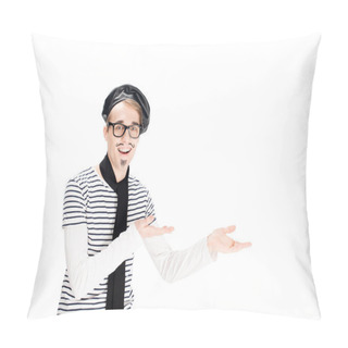 Personality   Cheerful French Man With Mustache Smiling And Showing Welcome Gesture Isolated On White  Pillow Covers