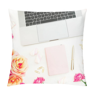 Personality  Laptop, Roses Flowers, Diary, Pen, Candy And Petals On White Bac Pillow Covers