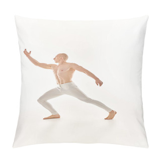 Personality  A Young Man, Shirtless, Shows Off Acrobatic Skills While Dancing In A Studio Against A White Background. Pillow Covers