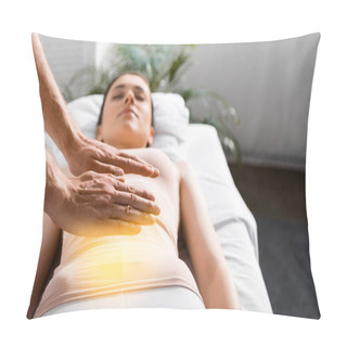 Personality  Cropped View Of Healer Standing Near Woman And Holding Hands Above Her Stomach Pillow Covers