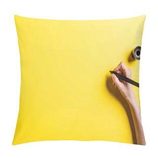 Personality  Cropped View Of Designer Holding Stylus In Hand On Yellow  Pillow Covers