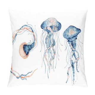 Personality  Jellyfish Watercolor Illustration. Painted Medusa Isolated On White Background, Underwater Wildlife. Pillow Covers