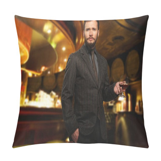 Personality  Handsome Well-dressed Man In Jacket With Glass Of Beverage In Restaurant Interior  Pillow Covers