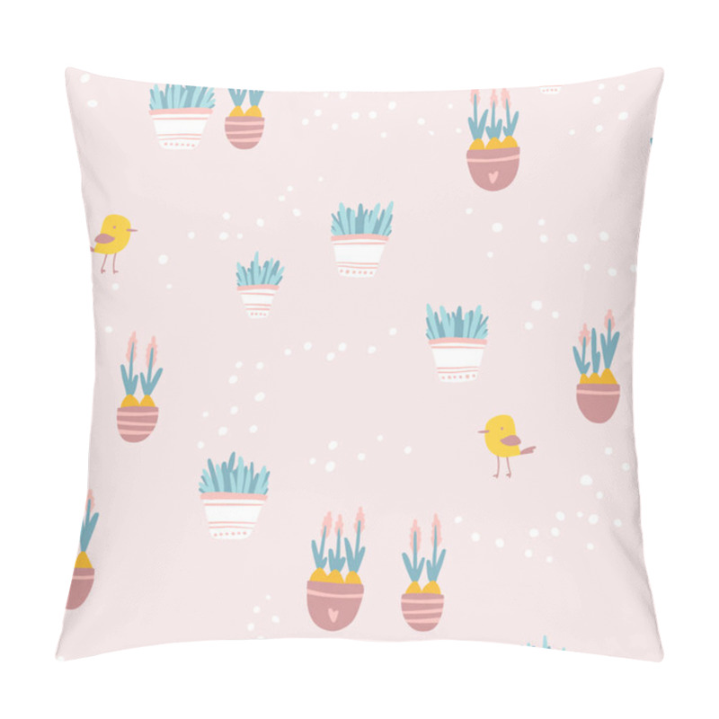 Personality  Spring seamless pattern with bird and pots of flowers in simple cartoon hand-drawn style. Vector childish stock illustration in pastel palette. pillow covers