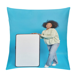 Personality  A Woman Confidently Stands Next To A Massive White Board, Ready To Share Ideas And Inspire Creativity. Pillow Covers