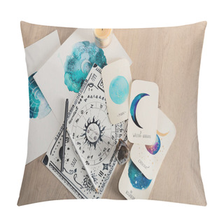 Personality  Top View Of Candle And Cards With Watercolor Drawings Of Moon Phases And Zodiac Signs On Table Pillow Covers
