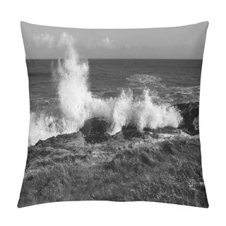 Personality  Powerful Waves Crushing Over Rocks On Atlantic Coast Of Ireland, In Black And White. Pillow Covers