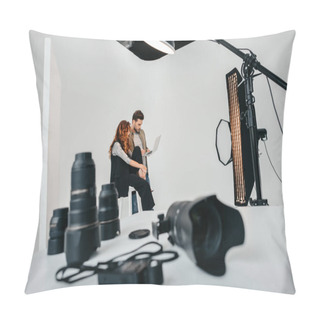 Personality  Photographer And Model In Photo Studio Pillow Covers