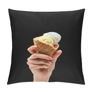 Personality  Cropped View Of Woman Holding Delicious Vanilla Ice Cream With Sprinkles In Crispy Waffle Cone Isolated On Black  Pillow Covers
