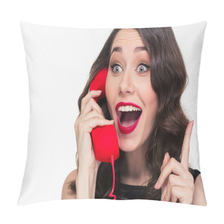 Personality  Excited Lovely Cute Woman In Retro Style Talking On Telephone  Pillow Covers