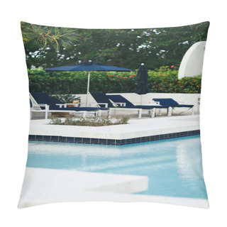 Personality  Vacation And Holiday Concept, Blue Sunbeds And Outdoor Chairs Near Umbrellas Around Green Palm Trees And Tropical Plants Next To Outdoor Swimming Pool In Hotel, Luxury Resort, Summer Pillow Covers