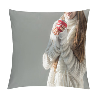 Personality  Cropped Image Of Woman In Fashionable Winter Sweater And Scarf Holding Cup Of Tea Isolated On Grey Pillow Covers