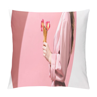 Personality  Panoramic Shot Of Woman Holding Ice Cream Cone With Flowers On White And Pink  Pillow Covers