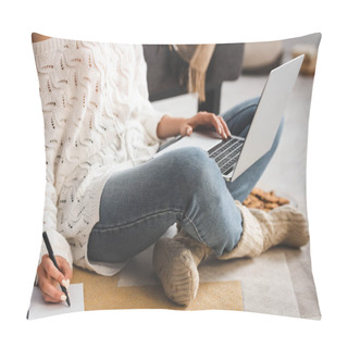 Personality  Cropped View Of Woman Studying Online With Laptop And Notebook At Home Pillow Covers