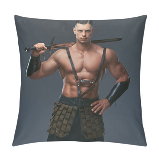 Personality  Brutal Ancient Greece Warrior With A Muscular Body In Battle Uniforms Posing On A Dark Background Pillow Covers