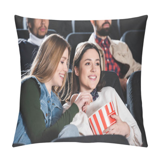 Personality  Selective Focus Of Smiling Friends With Popcorn Watching Movie In Cinema  Pillow Covers
