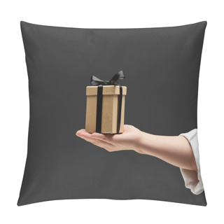 Personality  Cropped View Of Woman Holding Gift Box In Hand Isolated On Black Pillow Covers