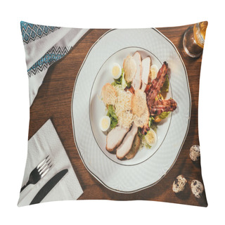 Personality  View Of Ham Slices With Fried Meat And Some Boiled Eggs On Plate Over Table With Fork And Knife On Napkin  Pillow Covers