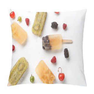 Personality  Image On Top Of Frozen Fruit Ice, Gooseberry, Blackberry, Cherry On Blank White Background. Empty Space For Text Pillow Covers