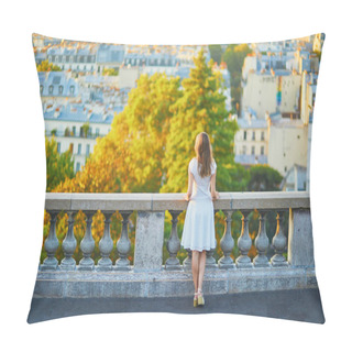 Personality  Beautiful Young Woman Enjoying Scenic View Of Paris, France. Girl In White Dress On A View Point On Montmartre Hill Pillow Covers