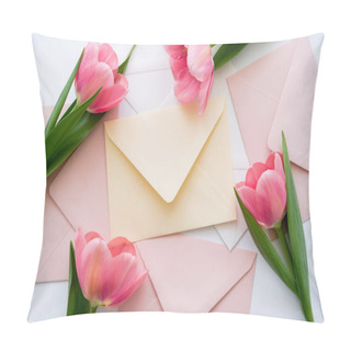 Personality  Top View Of Pink Tulips Near Pastel Envelopes On White Pillow Covers