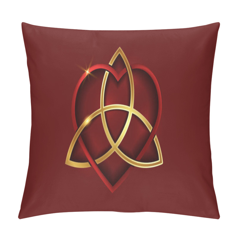 Personality  Celtic love knot, intertwined red heart shape and golden Triquetra, Everlasting Love symbol knot. Logo icon Valentines day concept, gold vector tattoo isolated on red background  pillow covers