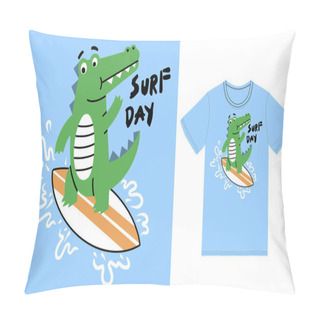 Personality  Cute Alligator Surfing Illustration With Tshirt Design Premium Vector Pillow Covers