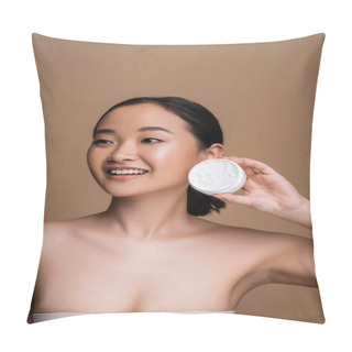Personality  Cheerful Asian Model In Top Holding Cosmetic Cream Isolated On Brown  Pillow Covers