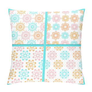 Personality  Pink, Blue And Orange Flowers On White Background, Set Of Seamle Pillow Covers