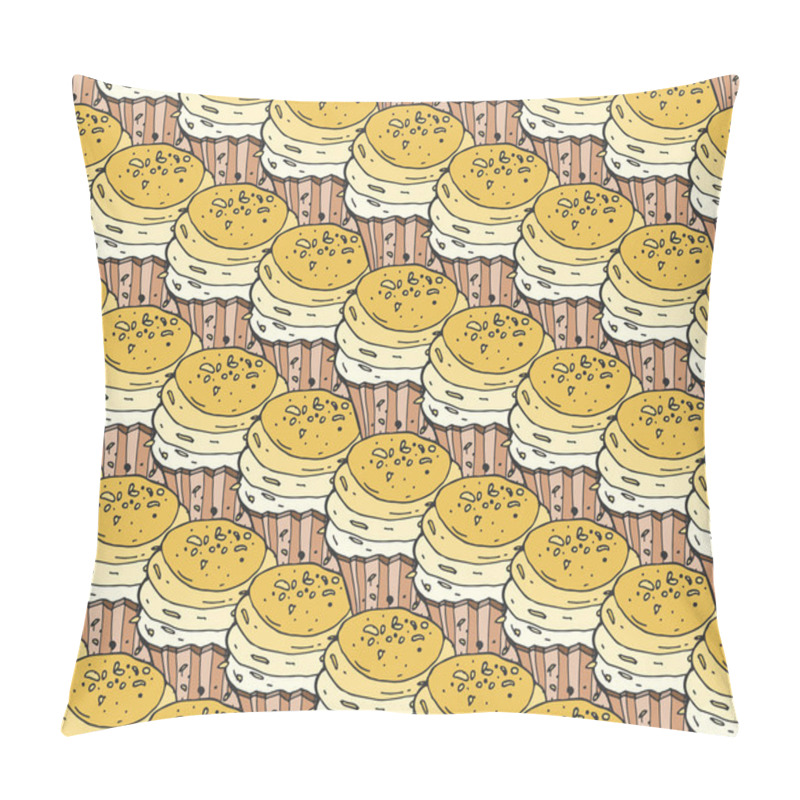 Personality  Yellow Cupcakes Sweets Seamless Doodle Vector Pattern Hand Drawn.Vintage Bakery  Background. Pillow Covers