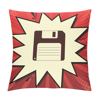 Personality  Floppy Disk Sign. Vector. Dark Red Icon In Lemon Chiffon Shutter Bubble At Red Popart Background With Rays. Pillow Covers