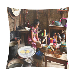 Personality  Zinacantan; United Mexican States - May 15 2018 : A Woman Is Cooking Tortillas In An Indian Kitchen Pillow Covers