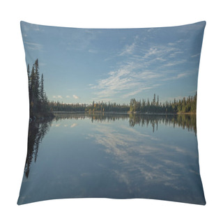Personality  Dead Calm Lake In Early Morning With Reflections Of Conifers And Wispy Cirrus Clouds Pillow Covers